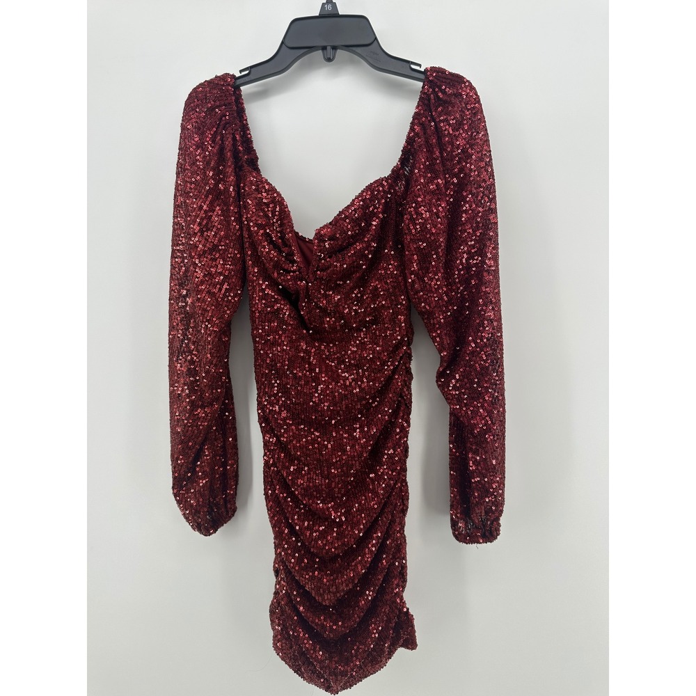 Next/Up Women Burgundy Sequin Ruched Bodycon Mini Dress Long Sleeve Size 1/2